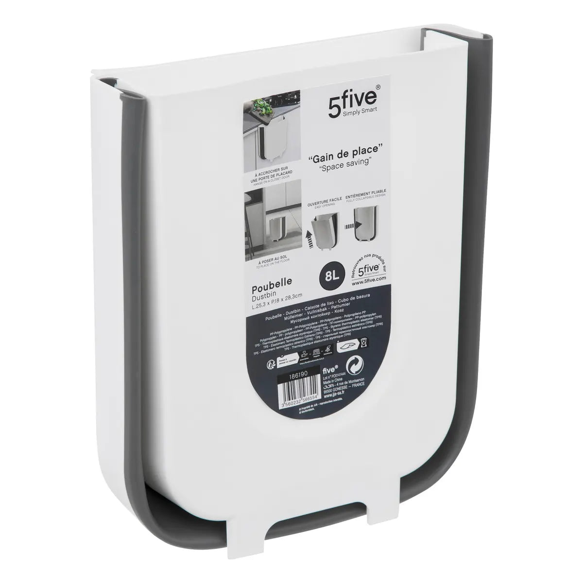 Coș de gunoi 5five, Gri/Alb, Plastic, 8 l, Pliabil