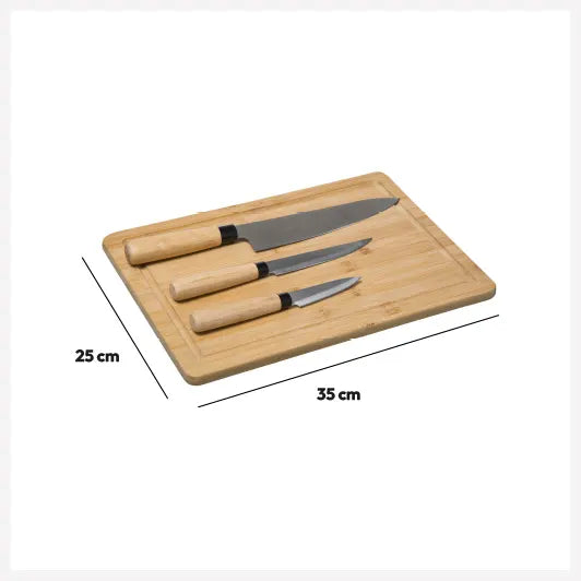 Set de 3 cuțite și placă 5Five, Bambus, 40x25 cm
