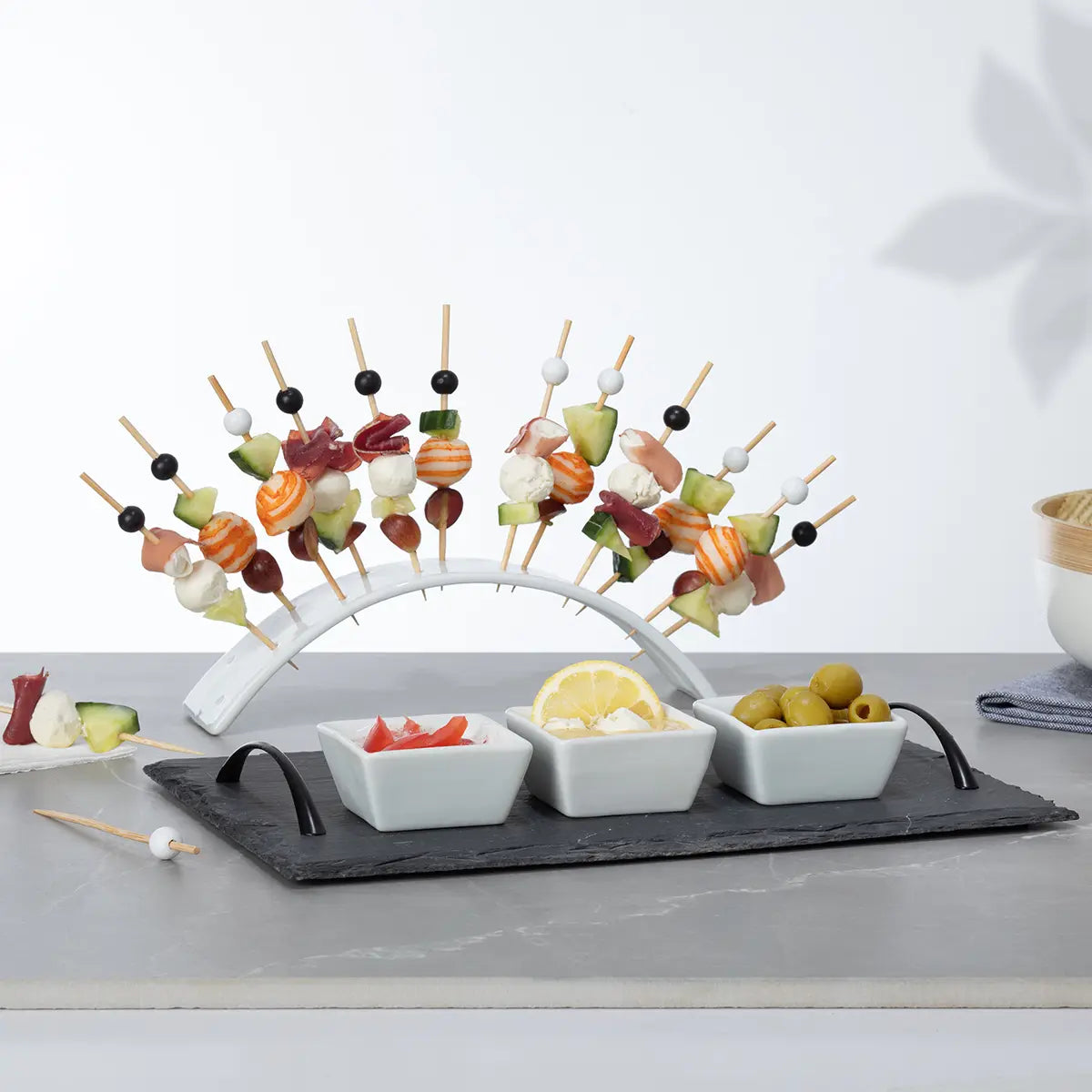 Farfurie aperitiv Atmosphera, 30x20 cm, Porțelan/ardezie/bambus