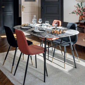 Masă de dining Roxas, 160x90 cm, sticlă securizată cu efect de marmură