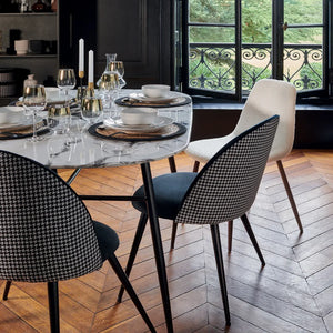 Masă de dining Roxas, 160x90 cm, sticlă securizată cu efect de marmură