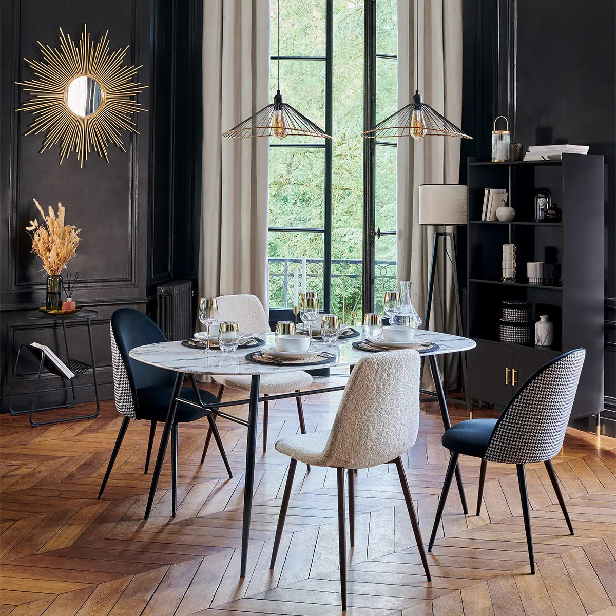 Masă de dining Roxas, 160x90 cm, sticlă securizată cu efect de marmură