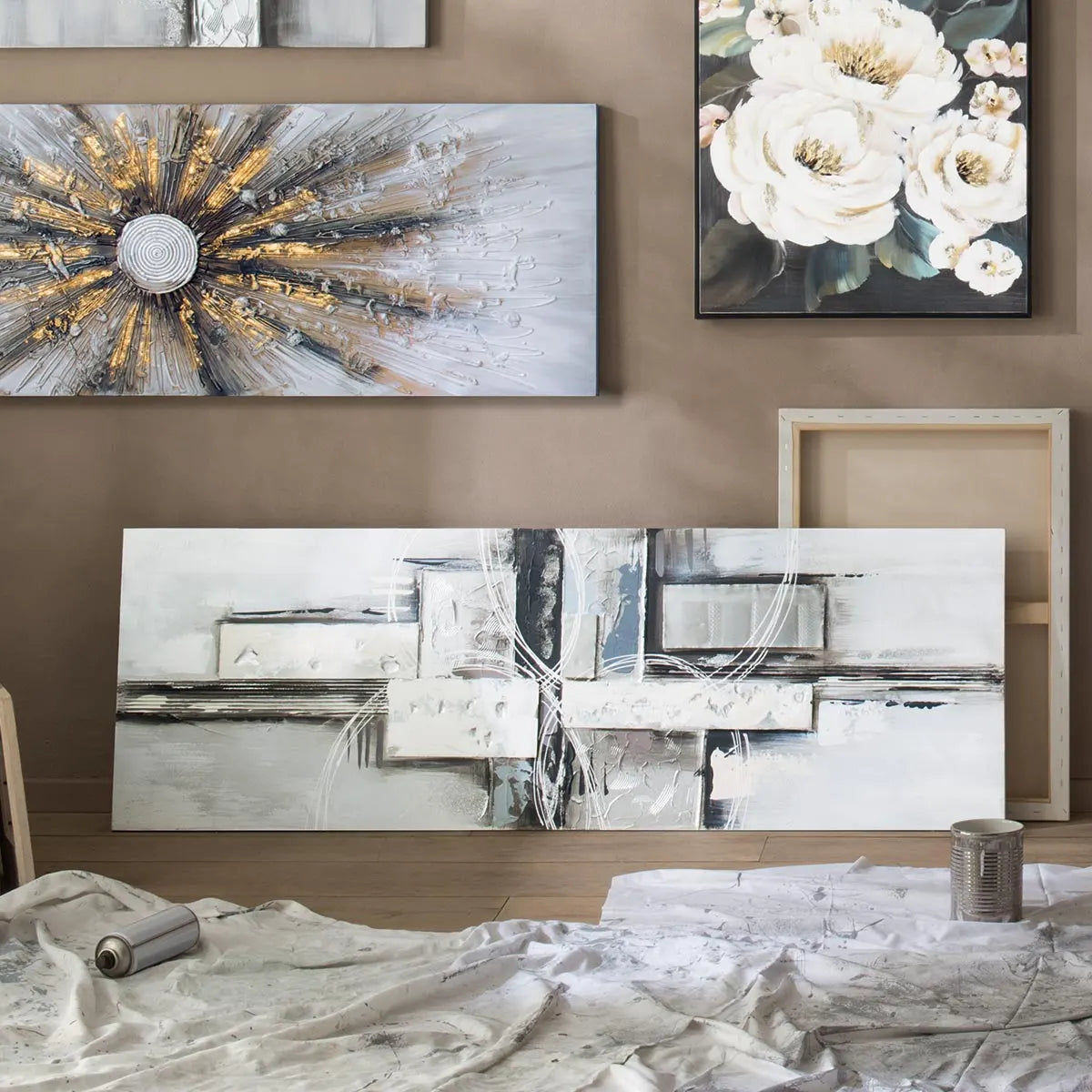 Pictură Atmosphera Kylia, Pânză pictată manual 150x150 cm, Argintiu, Modele asortate