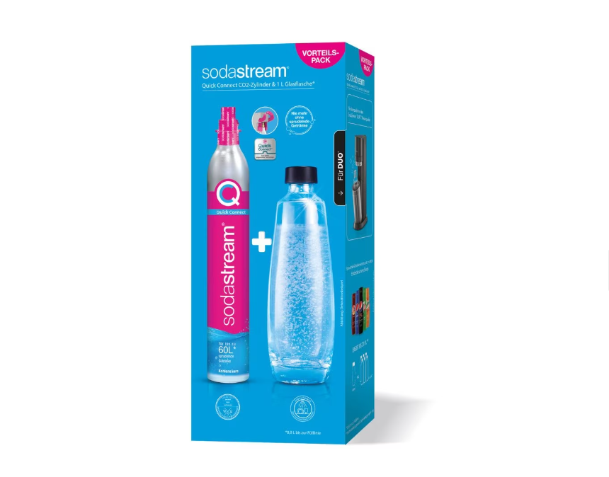 Sticlă de CO2 Sodastream, pentru dispozitive DUO, conectare rapidă, 60 l, carafă de sticlă inclusă, 1 l