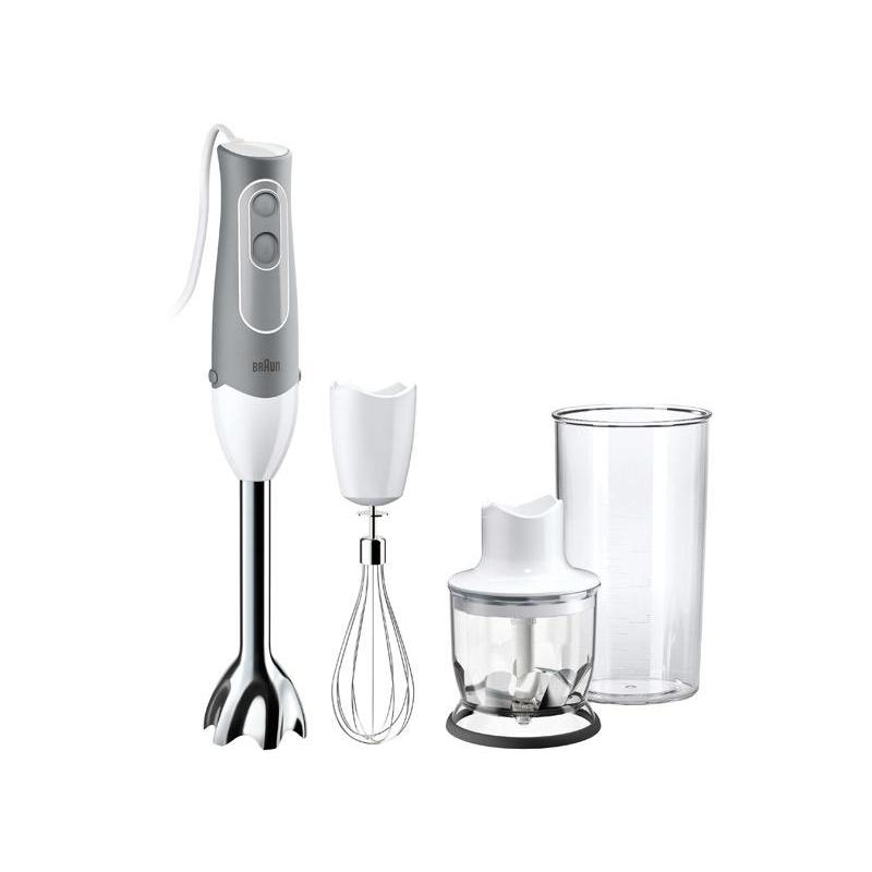 Blender Braun MultiQuick 525, 600 W, mixer de mână pentru omletă, 2 viteze + funcție Turbo, tel din oțel inoxidabil, dispozitiv de tocat, alb/gri