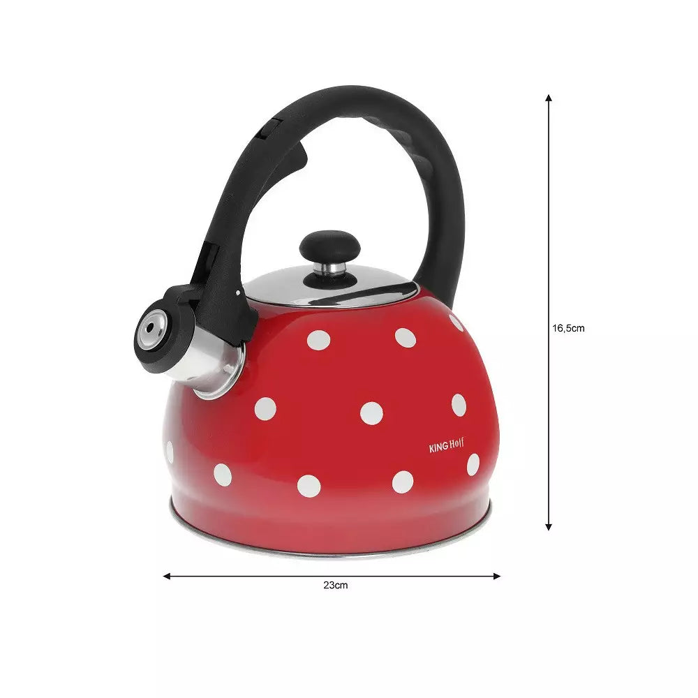Fierbător cu fluierat KingHoff 1049, 2L, Mâner termoizolant, Potrivit pentru inducție, Oțel inoxidabil, Roșu/alb