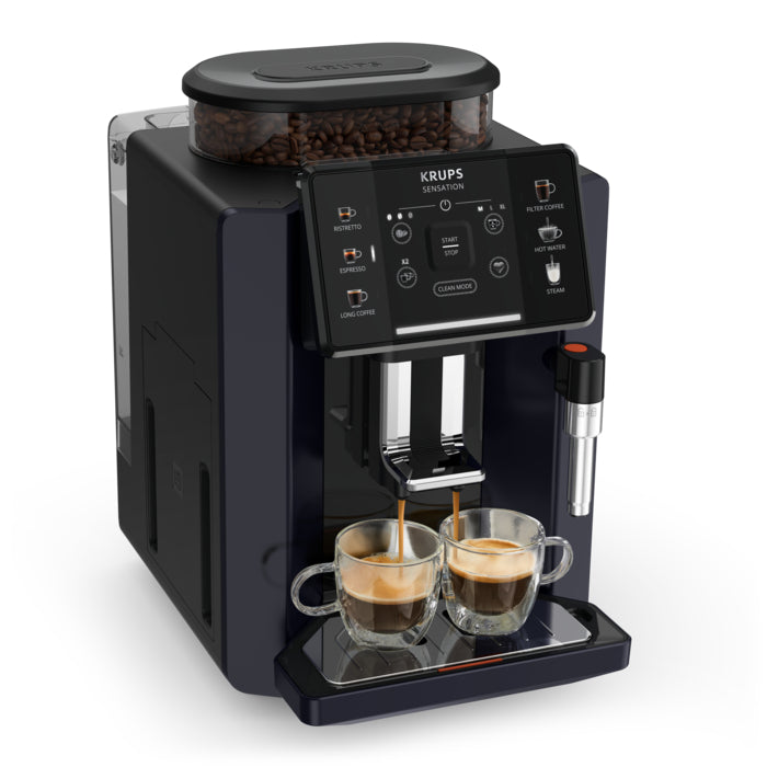 Espressor Krups Sensation EA910B10, 5 rețete, ecran tactil, presiune 15 bar, capacitate rezervor cafea 260 g, duză abur, 1450 W, sistem compact Thermoblock, negru/violet 