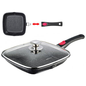 Tigaie grill KingHoff 1511, 28 cm, acoperire din marmură, capac și mâner detașabil 