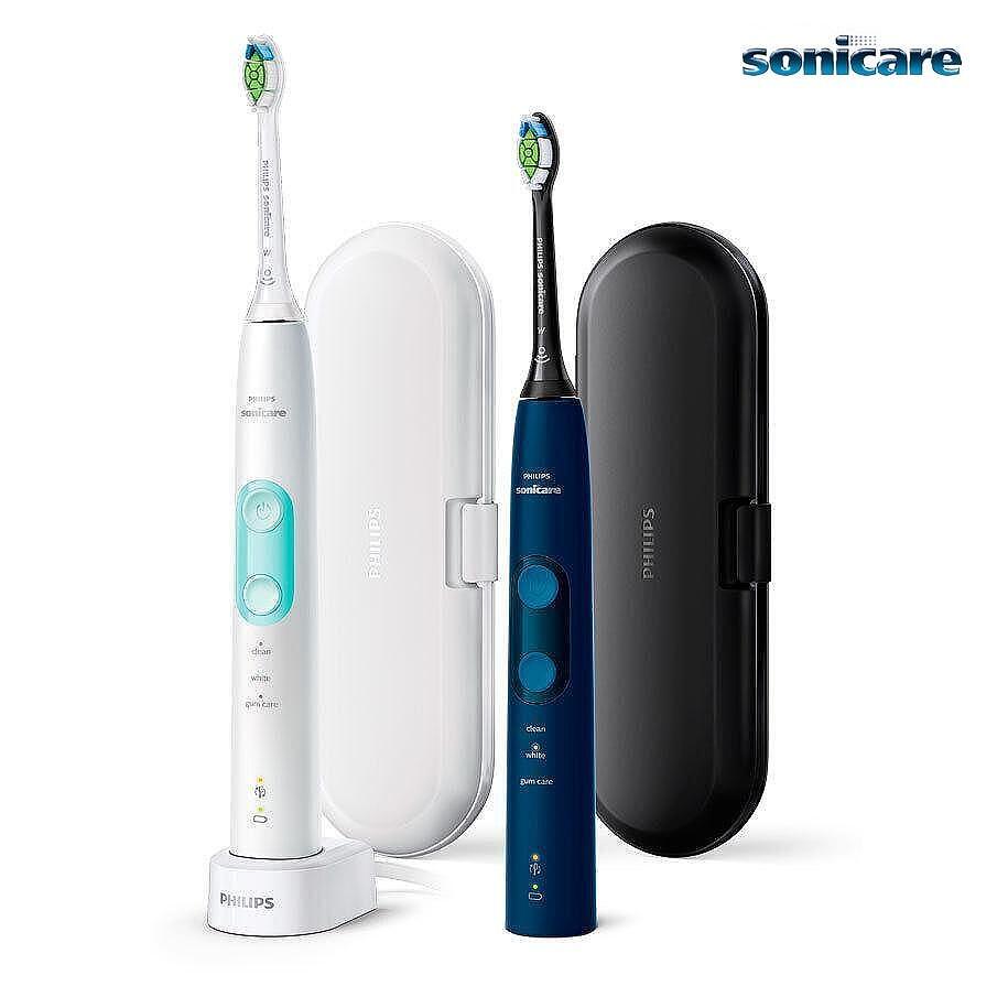 Set de 2 periuțe de dinți electrice Philips Sonicare ProtectiveClean HX6851/34, 62000 mișcări/minut, 3 moduri de curățare, senzor de presiune, funcție BrushSync, 2 genți de transport, 2 capete de periuță, alb/albastru
