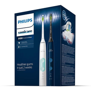 Set de 2 periuțe de dinți electrice Philips Sonicare ProtectiveClean HX6851/34, 62000 mișcări/minut, 3 moduri de curățare, senzor de presiune, funcție BrushSync, 2 genți de transport, 2 capete de periuță, alb/albastru