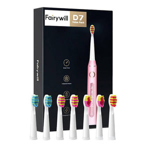 Periuță de dinți electrică cu ultrasunete FairyWill FW-507 cu 8 accesorii și husă, roz