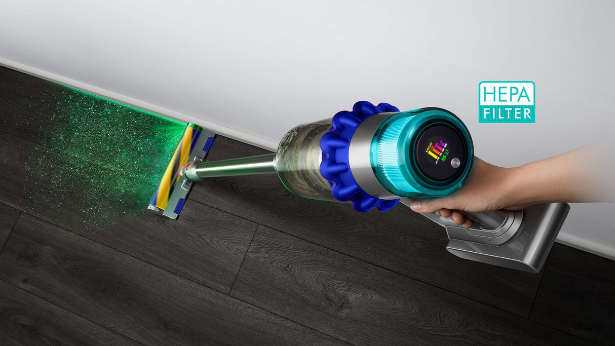 Aspirator vertical Dyson V15 Detect Fluffy 2023, 47657501, HEPA, afișaj LCD, 660W, autonomie 60 min, albastru/nichel