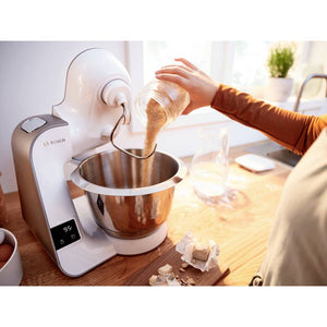 Robot de bucătărie Bosch MUM5xW20, 1000W, 7 viteze + puls, mișcare planetară 3D, cântar integrat, capacitate bol 3,9 l, alb/maro