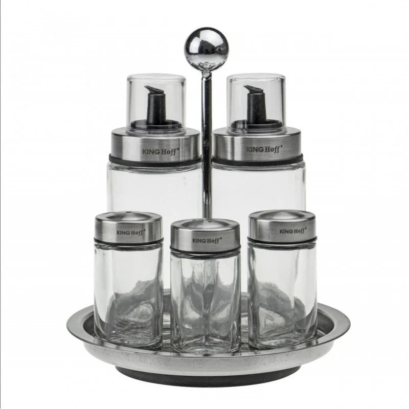 Set de 6 solnițe și ulei de măsline Kinghoff 1648, suport rotativ, sticlă/oțel inoxidabil