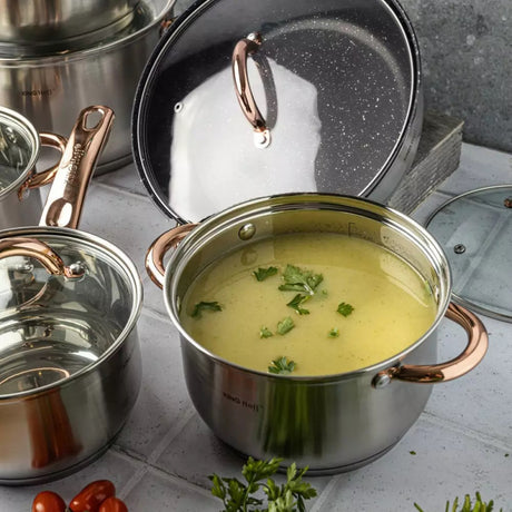 Set de oale și tigăi KingHoff 1766, 12 piese, tigăi placate cu marmură, inducție, oțel inoxidabil/auriu