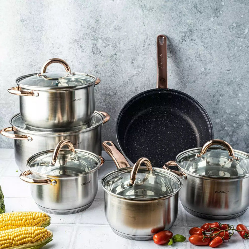 Set de oale și tigăi KingHoff 1766, 12 piese, tigăi placate cu marmură, inducție, oțel inoxidabil/auriu