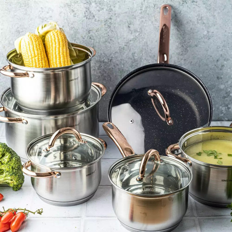 Set de oale și tigăi KingHoff 1766, 12 piese, tigăi placate cu marmură, inducție, oțel inoxidabil/auriu