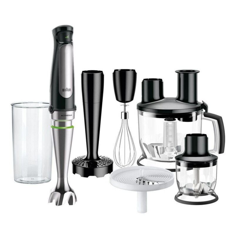 Blender Braun MultiQuick 7087X, 1000 W, Cană gradată 0,6 l, Robot de bucătărie 1,5 l, Tocător 0,35 l, Accesoriu pentru piure, Sârmă, Viteză variabilă, Negru