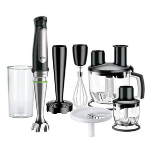 Blender Braun MultiQuick 7087X, 1000 W, Cană gradată 0,6 l, Robot de bucătărie 1,5 l, Tocător 0,35 l, Accesoriu pentru piure, Sârmă, Viteză variabilă, Negru