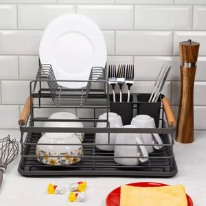 Uscător de vase Kinghoff, 2 niveluri, suport pentru tacâmuri, bambus