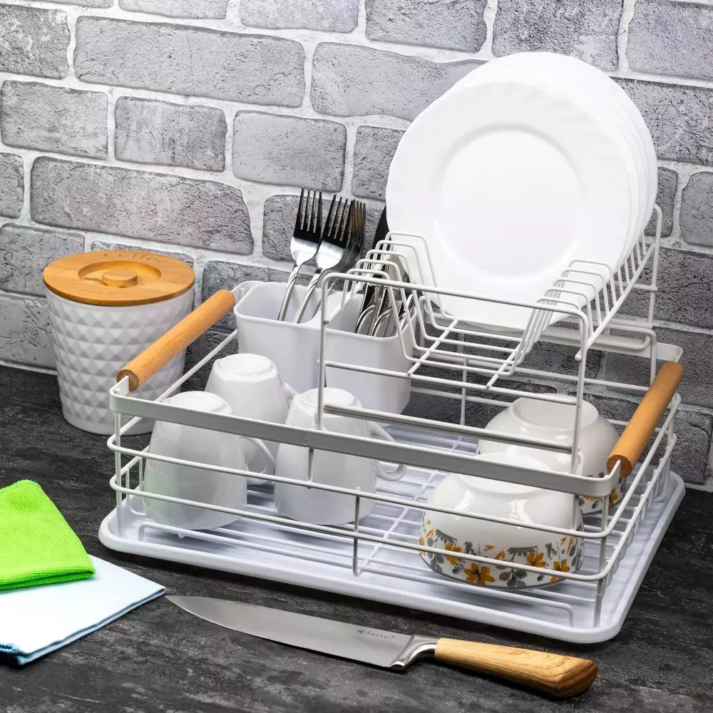 Uscător de vase Kinghoff, 2 niveluri, suport pentru tacâmuri, bambus