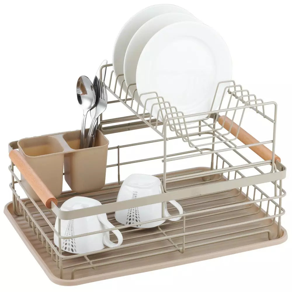 Uscător de vase Kinghoff, 2 niveluri, suport pentru tacâmuri, bambus