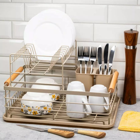 Uscător de vase Kinghoff, 2 niveluri, suport pentru tacâmuri, bambus