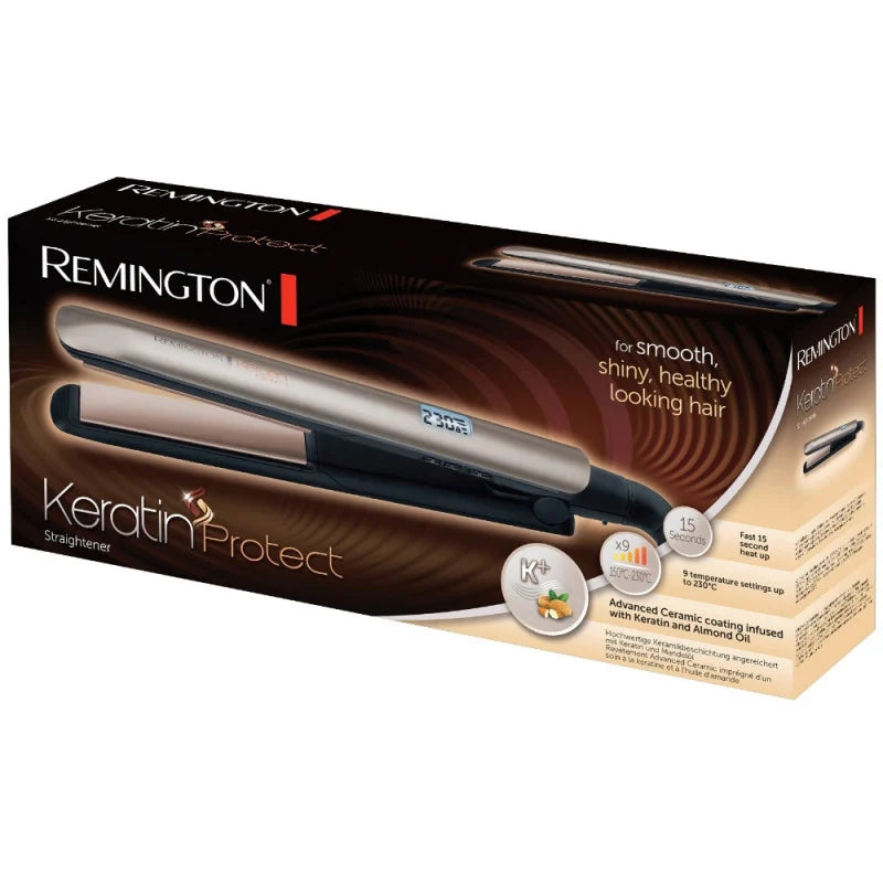 Placă de îndreptat părul Remington S8540 Keratin Protect, plăci ceramice, 9 setări de temperatură, 150°C - 230°C, afișaj LCD, bronz/negru
