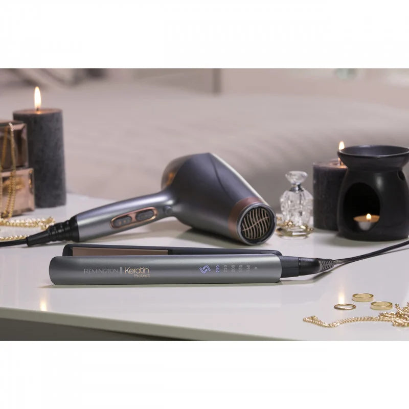 Placă de îndreptat părul Remington Keratin Protect S8598, înveliș ceramic, 230°C, gri