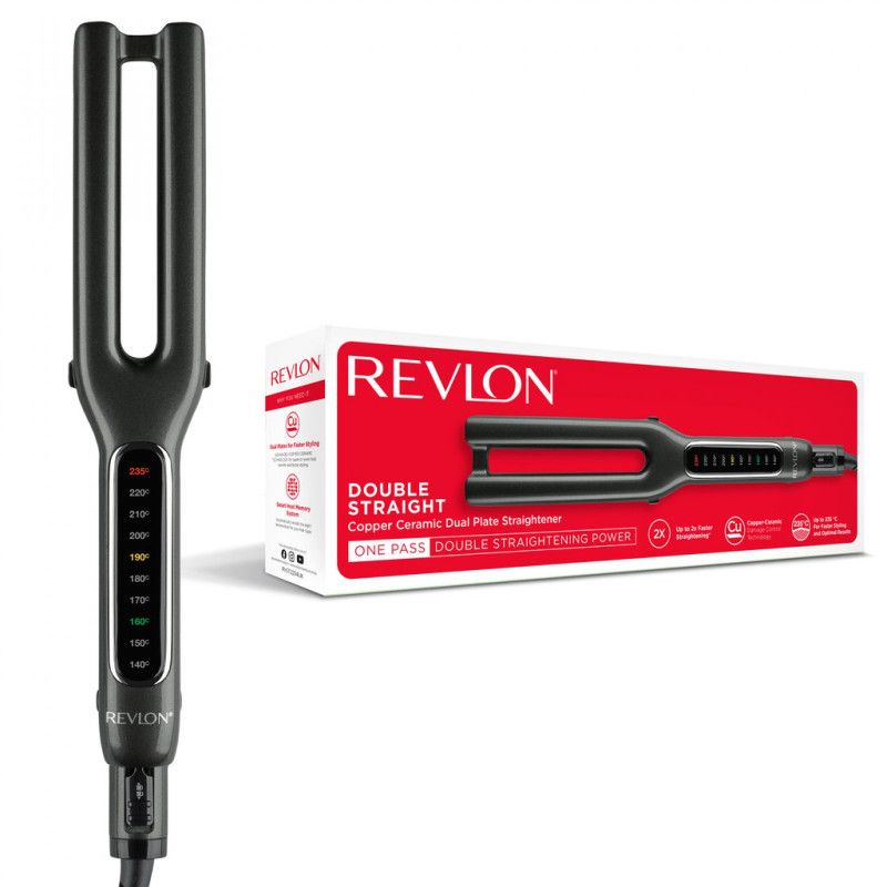 Placă de îndreptat părul REVLON One-Step Double Straight RVST2204E, 4 plăci ceramice, 10 setări de temperatură, afișaj LCD