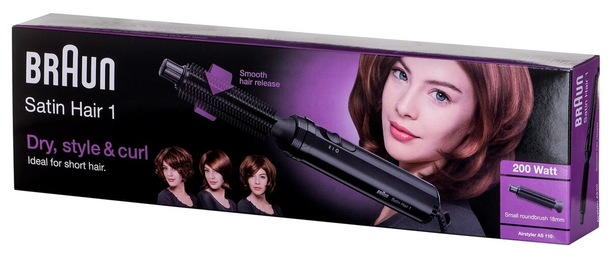 Perie de păr cu aer cald Braun Satin-Hair 1 AS 110, 200 W, 2 viteze, perie 18 mm, neagră