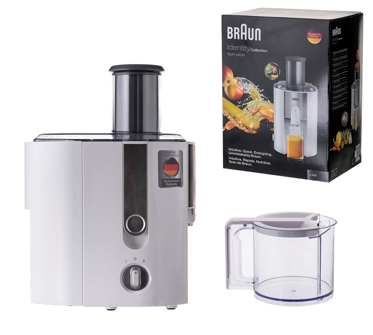 Storcător de fructe Braun J500WH, 900 W, Recipient suc 1,25 l, Recipient pulpă 2 l, 2 viteze, Alb