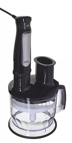 Blender Braun MultiQuick 7087X, 1000 W, Cană gradată 0,6 l, Robot de bucătărie 1,5 l, Tocător 0,35 l, Accesoriu pentru piure, Sârmă, Viteză variabilă, Negru