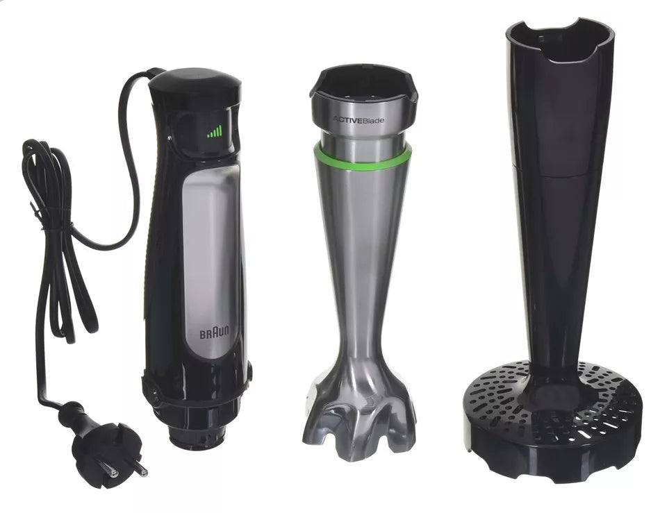 Blender Braun MultiQuick 7087X, 1000 W, Cană gradată 0,6 l, Robot de bucătărie 1,5 l, Tocător 0,35 l, Accesoriu pentru piure, Sârmă, Viteză variabilă, Negru