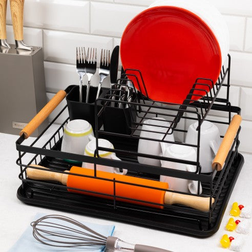 Uscător de vase Kinghoff, 2 niveluri, suport pentru tacâmuri, bambus