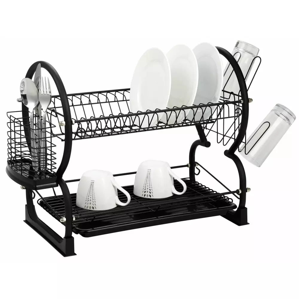 Uscător de vase Kinghoff 1500 cu 2 niveluri, 56,5 cm, Suporturi pentru pahare și tacâmuri, Negru