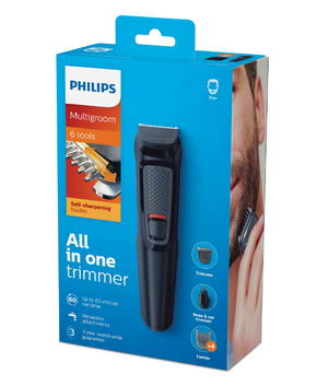 Aparat de tuns facial multifuncțional 6 în 1 Philips Multigroom MG3710/15, Fără fir, Lame auto-ascuțitoare, 4 piepteni, Negru 