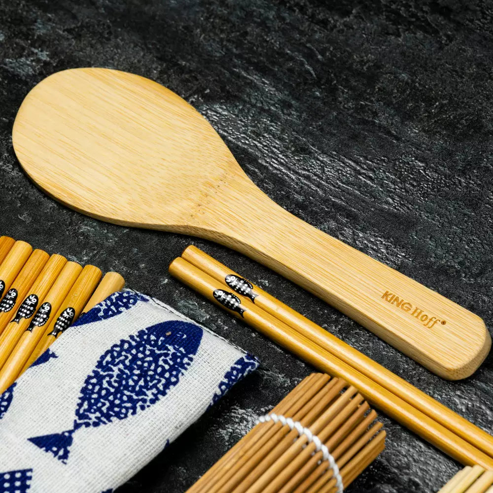 Set de sushi KingHoff 1704, 11 piese, 100% bambus, fără BPA, maro